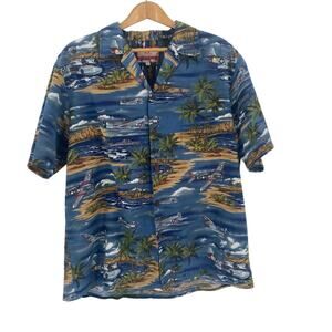Hawaiian shirt Mens XL Made in Hawaii USA war planes ships blue RJC